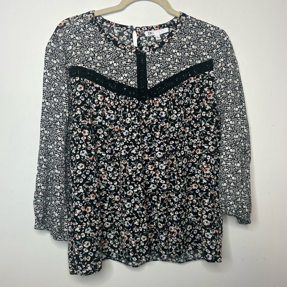 DR2 Boho Round Neck Blouse Floral Crochet Boho Hippie Long Sleeve Womens Large L